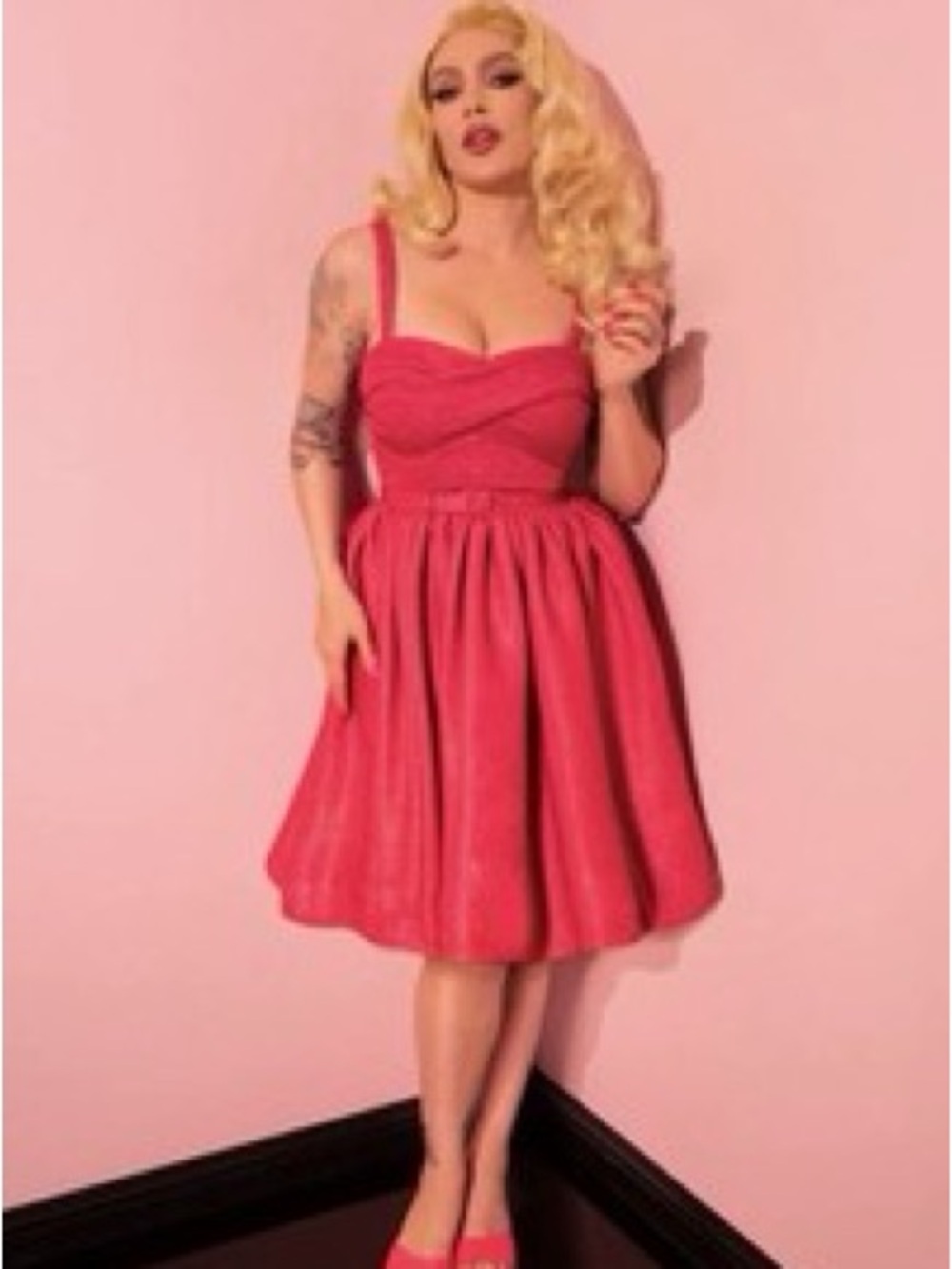 Vixen by Micheline Pitt Cherry Pink Retro Sweetheart Midi Dress
